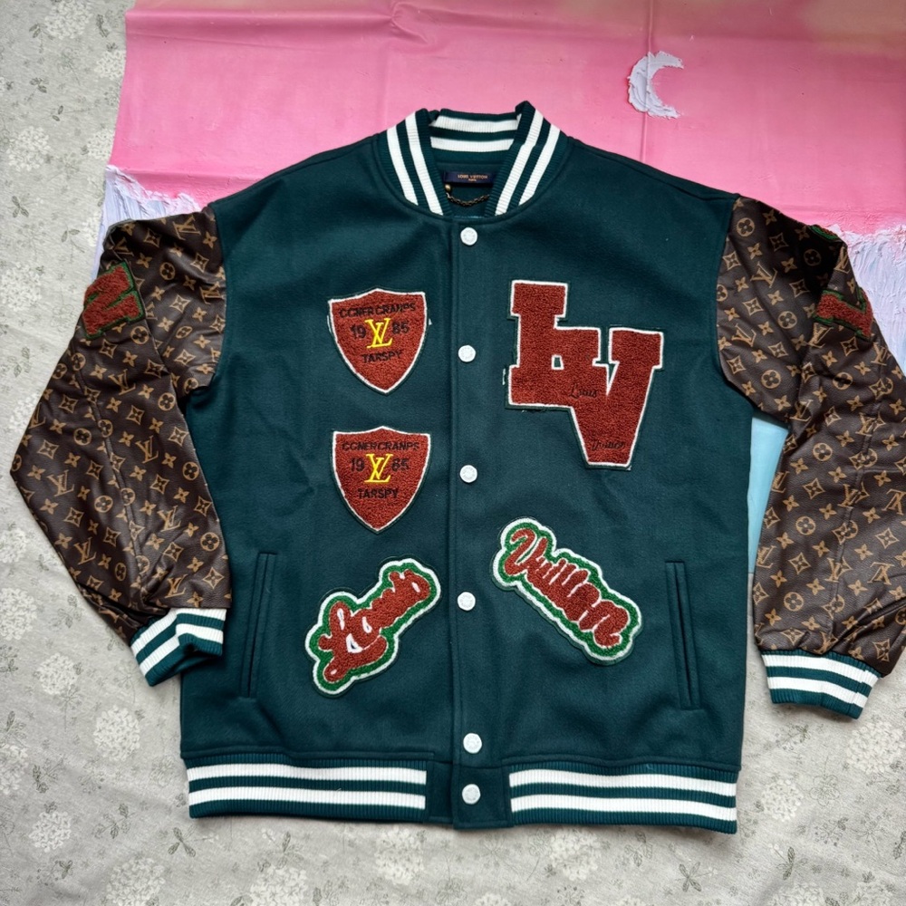 Louis Vuitton Varsity Jacket 3D Green and Brown Letterman Jacket